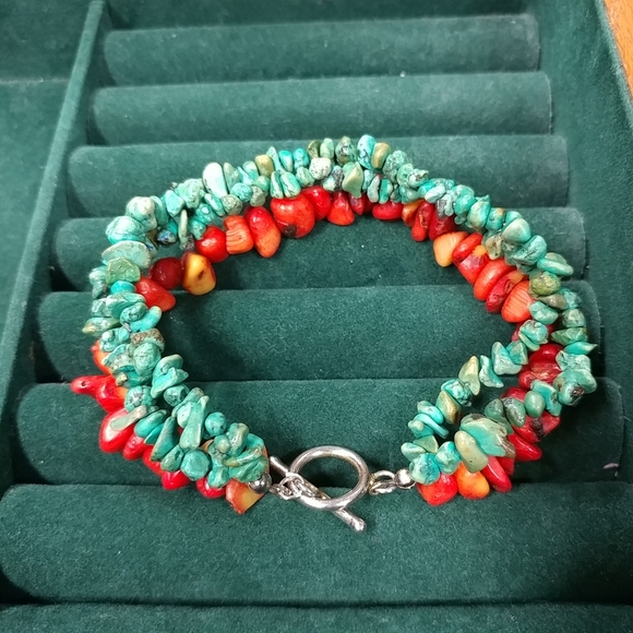 Jewelry - Turquoise Chip & Coral Bracelet 3 Strand 925 Sterling Silver 8" Long